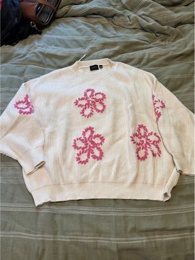 Cyrus Cream Knit Sweater with Pink Floral Embroidery 2X